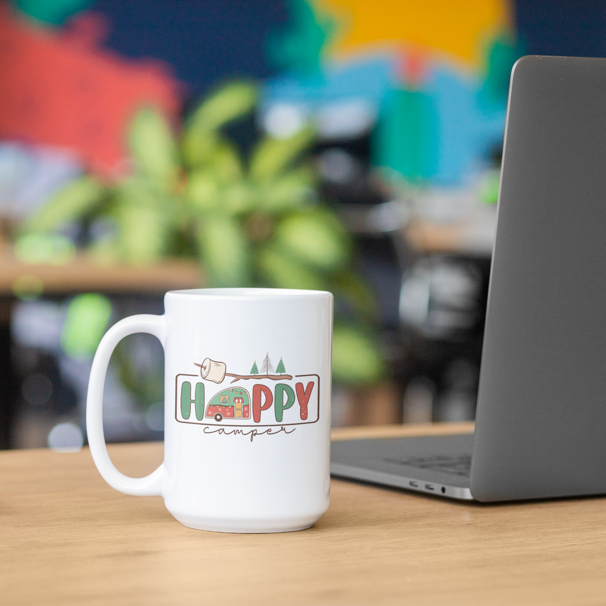 White Happy Camper Mug, Muted Green and Red - Winter Version