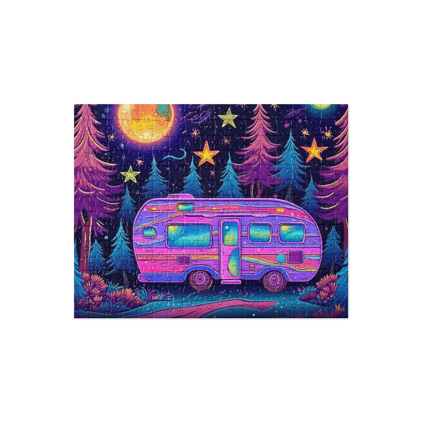 Neon Camper Scene Puzzle – 252-Piece Vibrant Camping Design