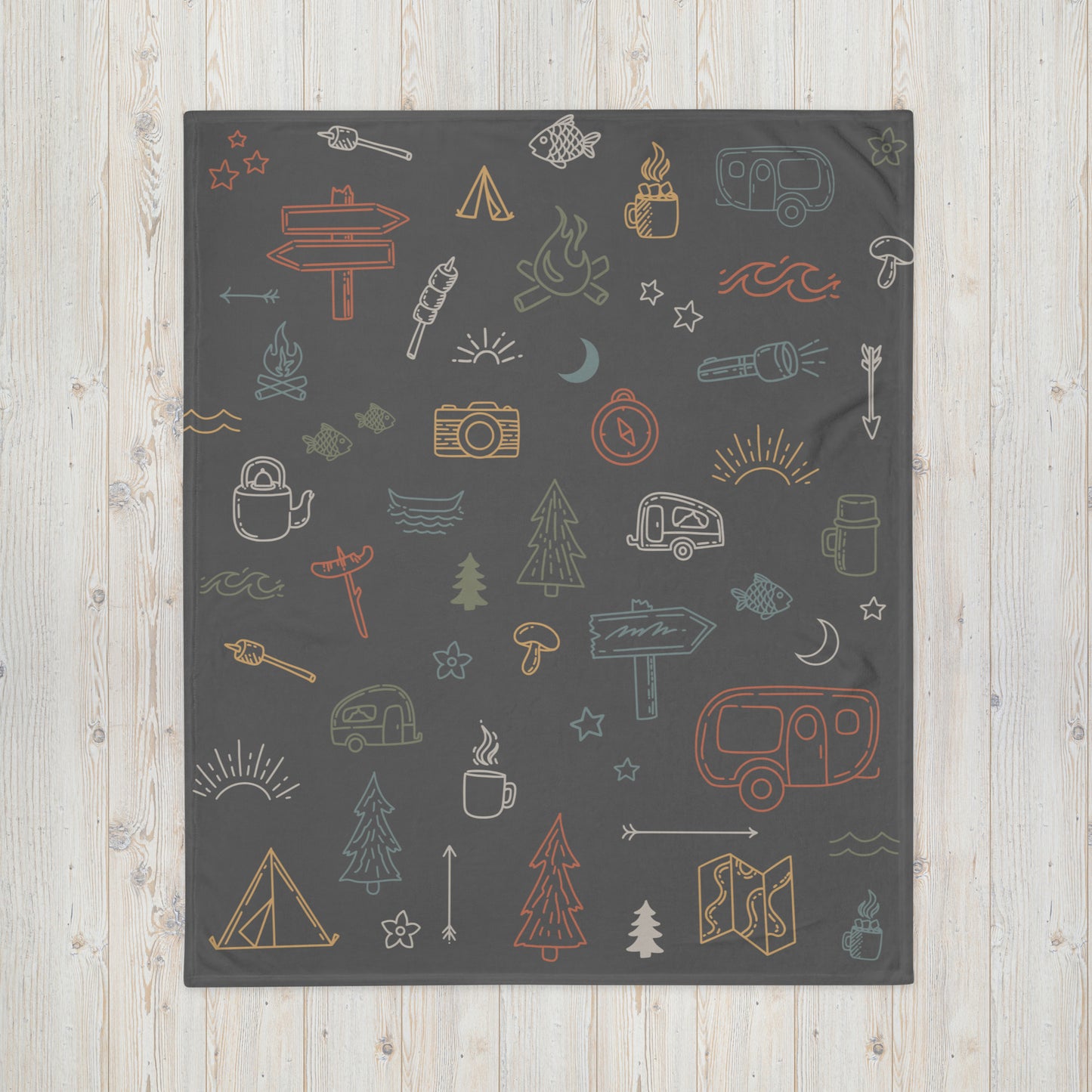 Camping Icons Plush Throw Blanket – Available in Two Sizes